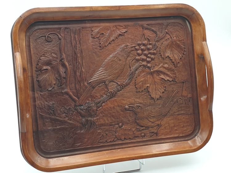 Service tray in carved wood - Birds picking grapes - Signed BOUTILLON
