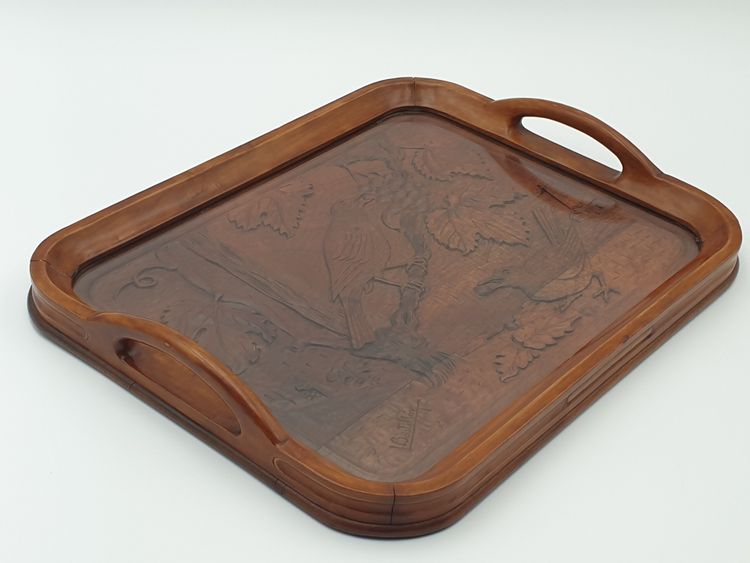 Service tray in carved wood - Birds picking grapes - Signed BOUTILLON