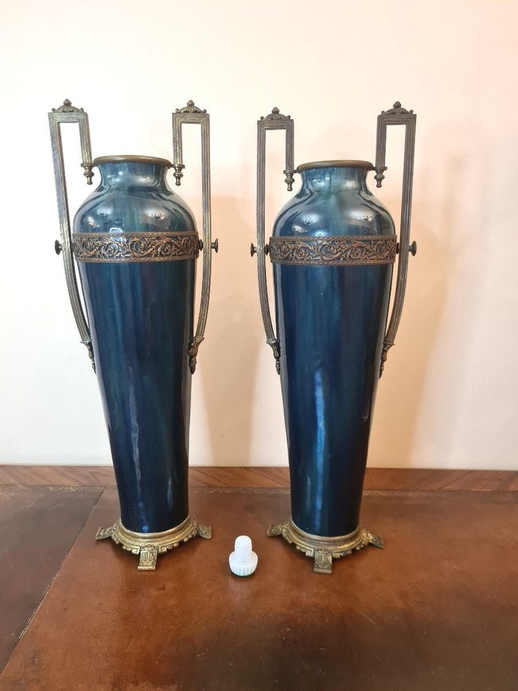 Coppia di grandi vasi in porcellana smaltata blu fiammato - Periodo Art Déco - Manifattura di Sèvres