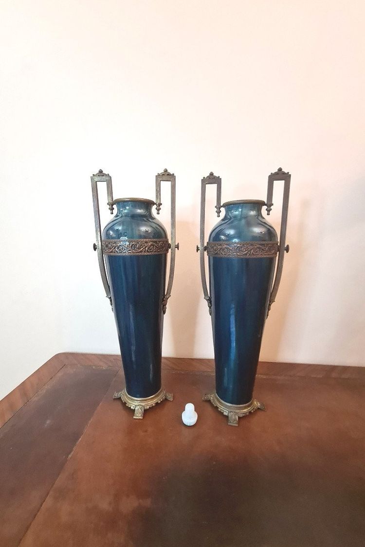 Coppia di grandi vasi in porcellana smaltata blu fiammato - Periodo Art Déco - Manifattura di Sèvres
