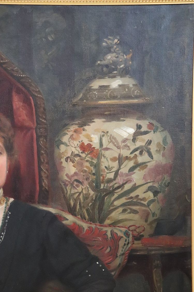 Grande dipinto a olio su tela, Ritratto di una signora, firmato e datato 1913