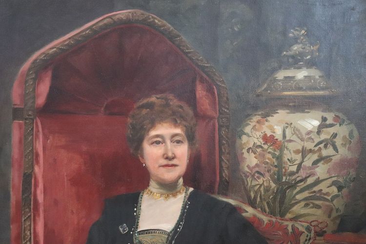 Grande dipinto a olio su tela, Ritratto di una signora, firmato e datato 1913