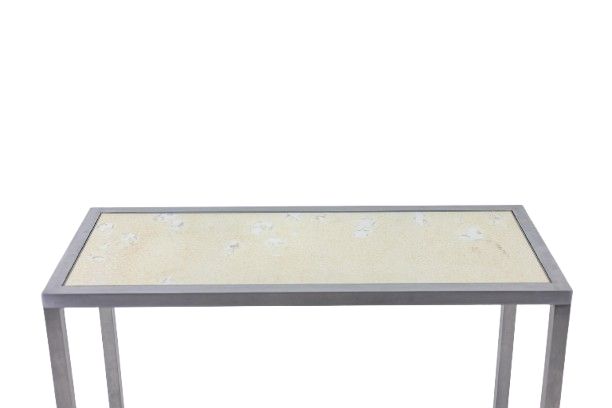 Maison Jansen. Brushed aluminum console with eglomized glass top. 1970 LS6176?405?