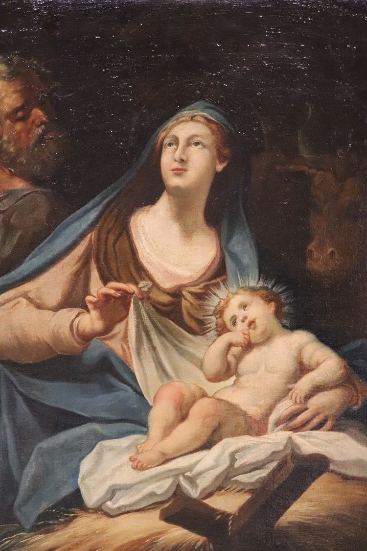 Sacra Famiglia, dipinto a olio su tela, scuola italiana del XVIII secolo
