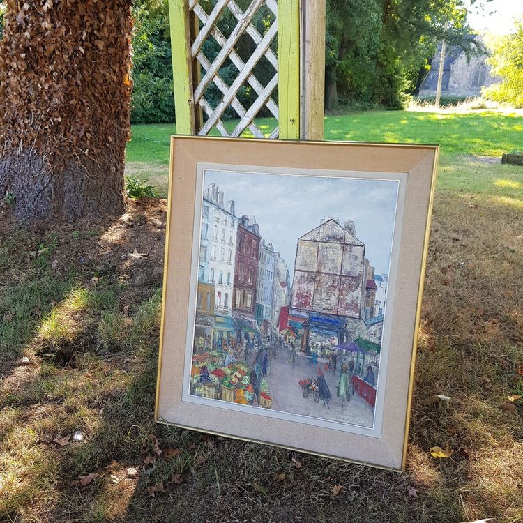 Large painting Le Marché Rue Mouffetard in Paris 5th Arrondissement 1961 Francavilla