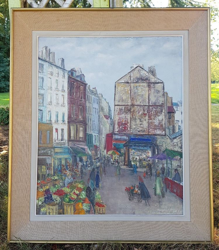 Large painting Le Marché Rue Mouffetard in Paris 5th Arrondissement 1961 Francavilla