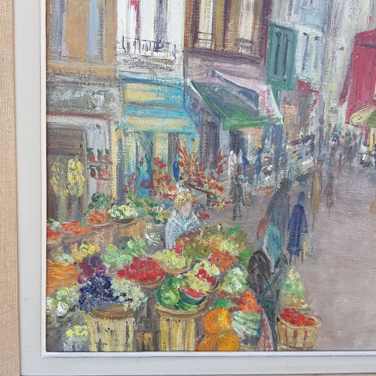 Large painting Le Marché Rue Mouffetard in Paris 5th Arrondissement 1961 Francavilla
