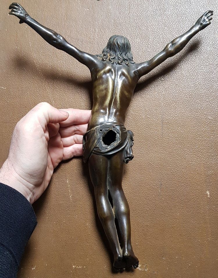 Large 18th Century Bronze Crucifix Living Christ