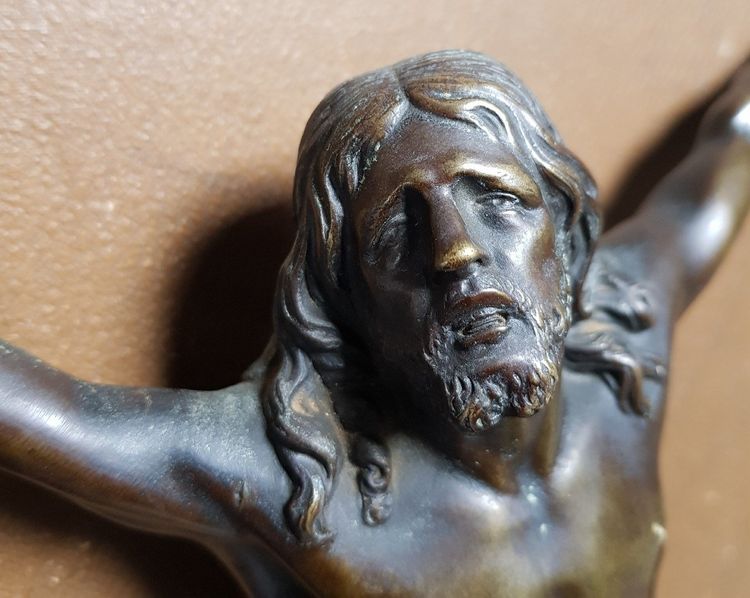 Large 18th Century Bronze Crucifix Living Christ