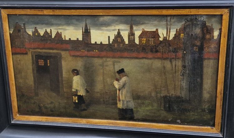Belgian painting by Aloïs Boudry Scène De Curé Et Son Enfant De Coeur à La Tombée De La Nuit