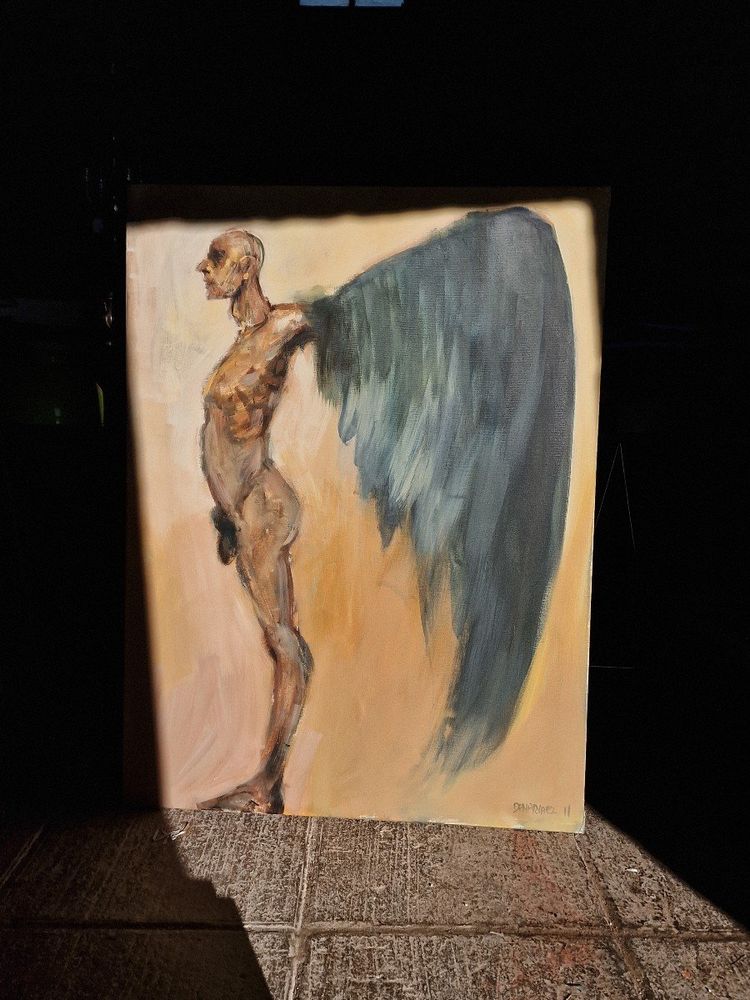 Large Painting Icarus Will Fly Away by Arturo Denarvez, Colombian Painter, Montreuil
