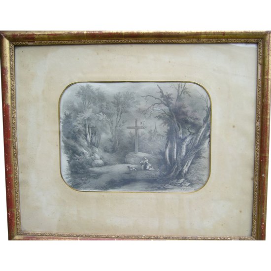 Dessin ancien paysage de 1850 par Lemercier