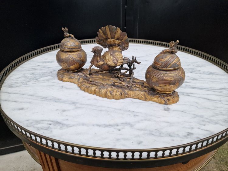 Large Japanese-style inkwell with a silver, copper, and gold turkey