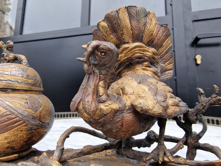 Large Japanese-style inkwell with a silver, copper, and gold turkey