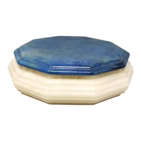 1960 Superb Blue and White Octagonal Box in Alabaster. Made in Italy