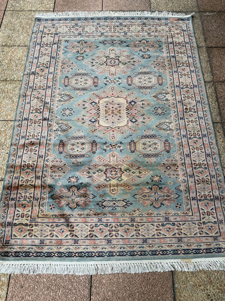Tapis du Pakistan – Laine et soie – 197 x 127 cm – Élégance bleu-gris