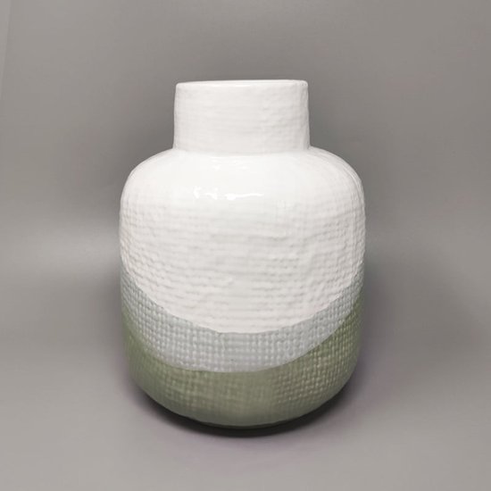 1970 Beautiful Green And White Ceramic Vase by F.lli Brambilla. Made in Italy