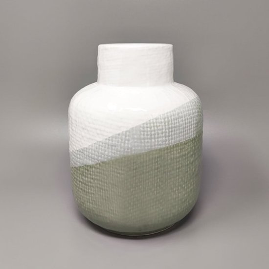 1970 Beautiful Green And White Ceramic Vase by F.lli Brambilla. Made in Italy