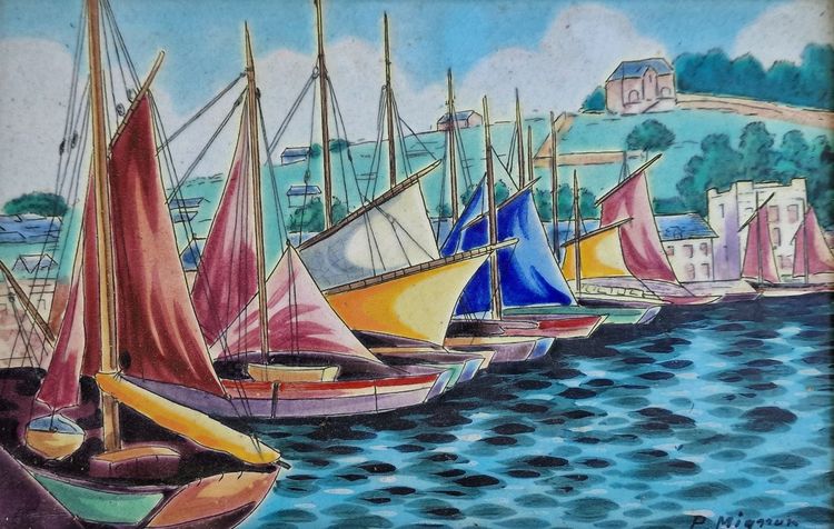 Dipinto su ceramica smaltata di Longwy raffigurante barche nel porto di Audierne, Bretagna, di Paul Mignon