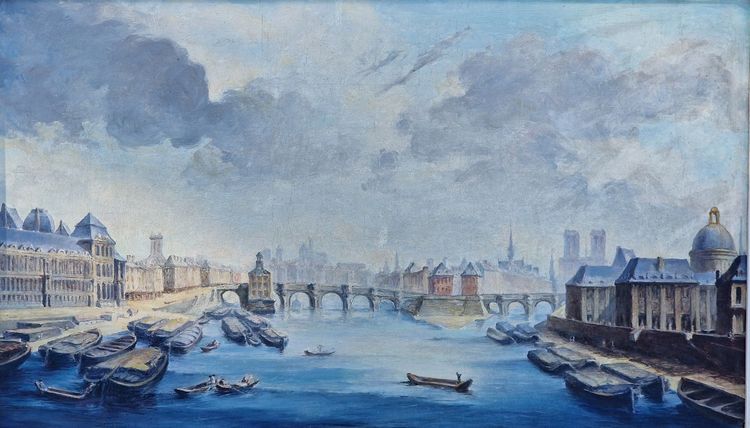 View of the Louvre, Paris. The Seine downstream from the Pont Neuf. (Adapted from Jbn Raguenet's work, "The Louvre")