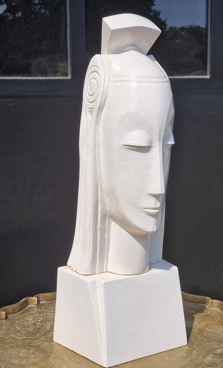 Important crackled ceramic queen's head after Gustave Miklos, Art Deco