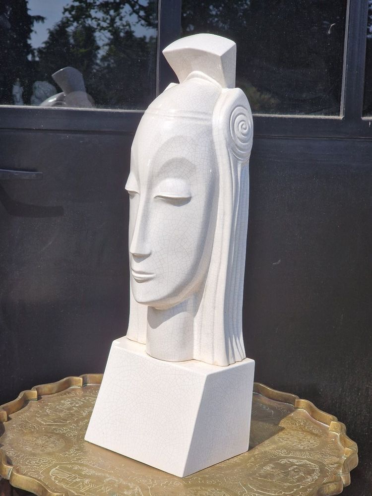 Important crackled ceramic queen's head after Gustave Miklos, Art Deco