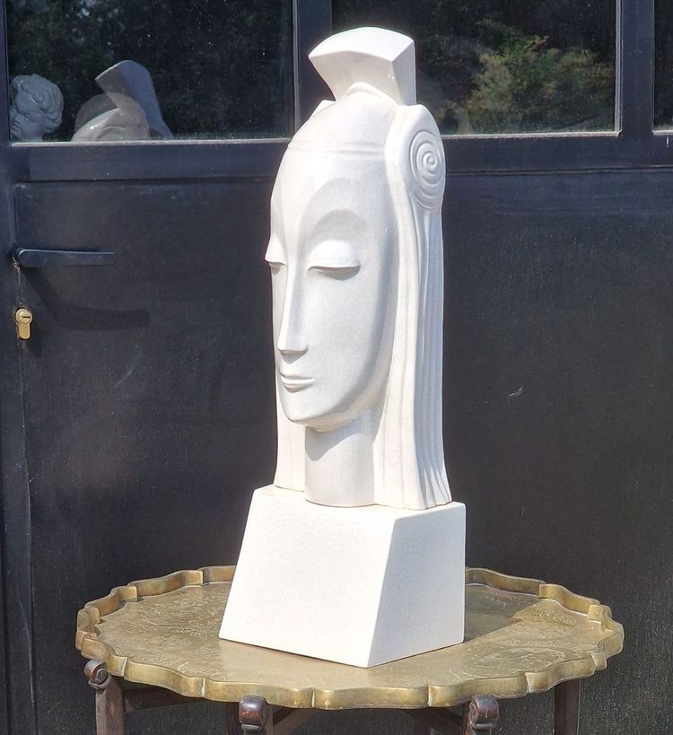 Important crackled ceramic queen's head after Gustave Miklos, Art Deco