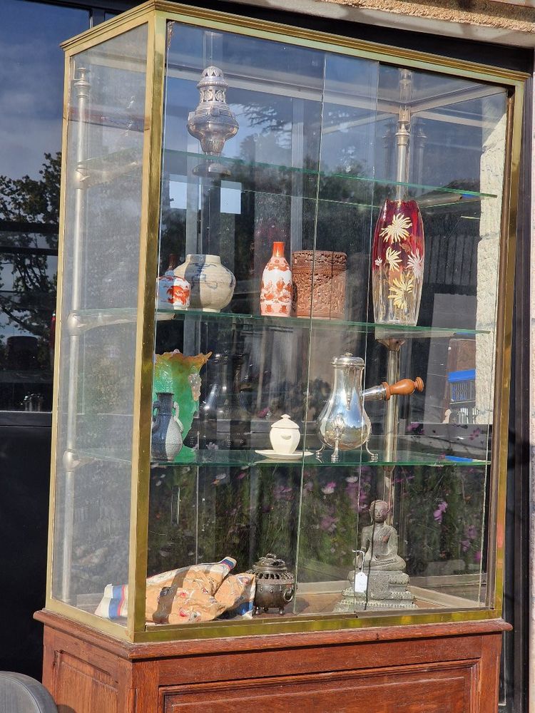 Museum or shop display case in glass, brass and oak, Siegel Paris style