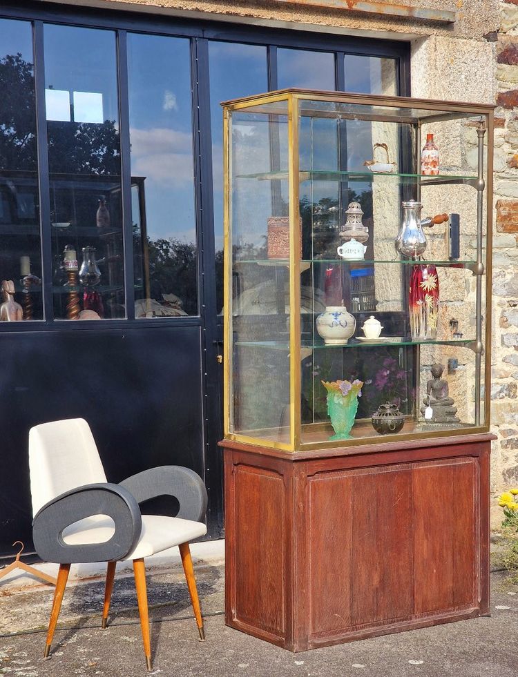 Museum or shop display case in glass, brass and oak, Siegel Paris style