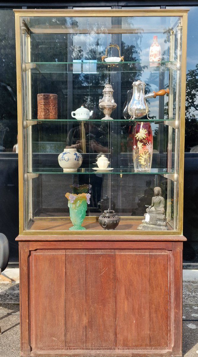 Museum or shop display case in glass, brass and oak, Siegel Paris style