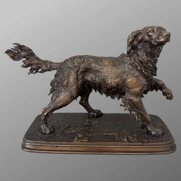 Sculpture - Spaniel Dog On The Lookout , Ferdinand Pautrot (1832 - 1874) - Bronze