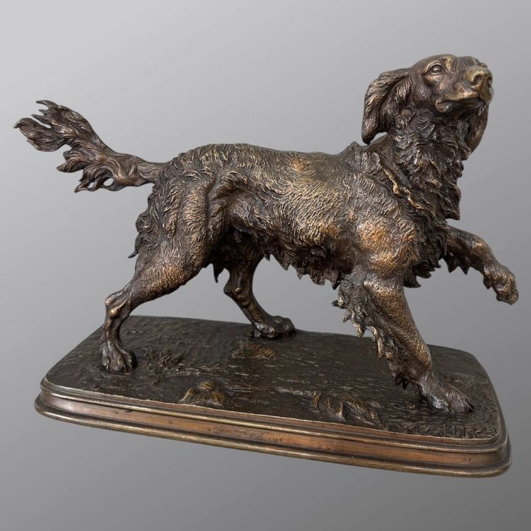 Sculpture - Spaniel Dog On The Lookout , Ferdinand Pautrot (1832 - 1874) - Bronze