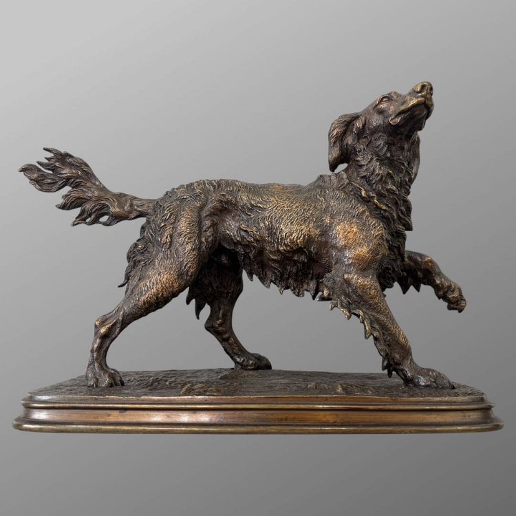 Sculpture - Spaniel Dog On The Lookout , Ferdinand Pautrot (1832 - 1874) - Bronze