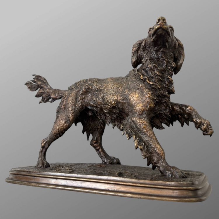 Sculpture - Spaniel Dog On The Lookout , Ferdinand Pautrot (1832 - 1874) - Bronze