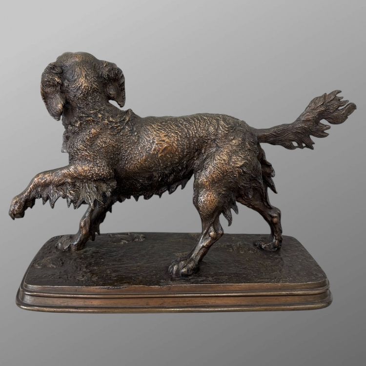 Sculpture - Spaniel Dog On The Lookout , Ferdinand Pautrot (1832 - 1874) - Bronze