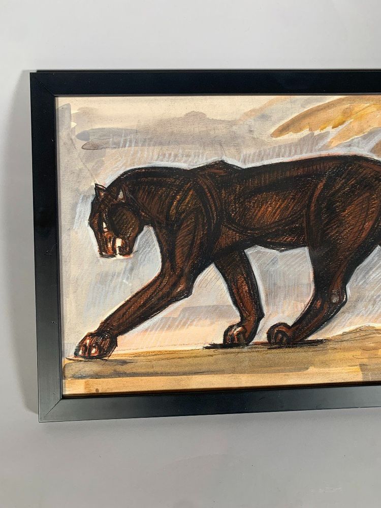 Jean Royer (20th Century) Drawing of a Panther in Motion, Modern Charcoal