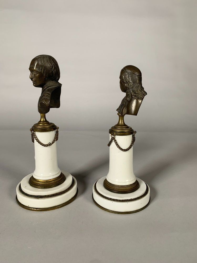 Pair of Busts of Jean Bart & Mazarin, Bronze and Soft-Painted Porcelain, Louis XVI Period