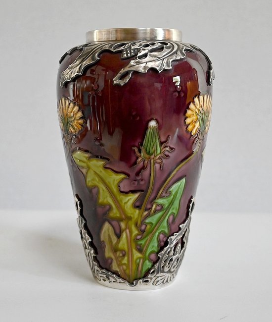 Vaso "Les Pissenlits" in argento e ceramica smaltata, Manufacture de Sèvres, Art Nouveau - Fine XIX secolo