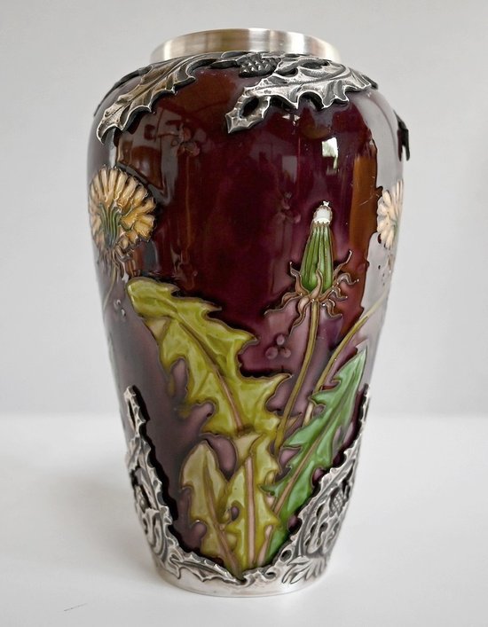 Vaso "Les Pissenlits" in argento e ceramica smaltata, Manufacture de Sèvres, Art Nouveau - Fine XIX secolo