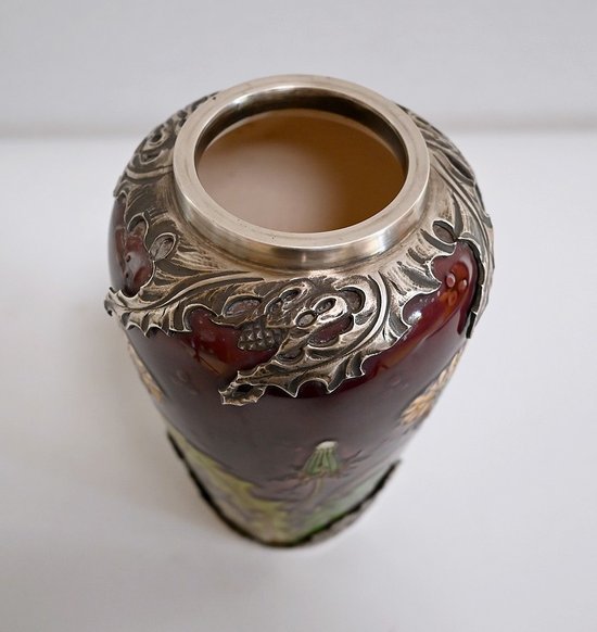 Vaso "Les Pissenlits" in argento e ceramica smaltata, Manufacture de Sèvres, Art Nouveau - Fine XIX secolo