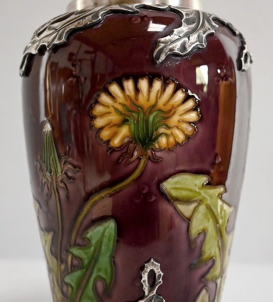 Vaso "Les Pissenlits" in argento e ceramica smaltata, Manufacture de Sèvres, Art Nouveau - Fine XIX secolo