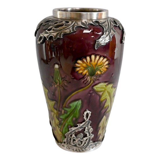 Vaso "Les Pissenlits" in argento e ceramica smaltata, Manufacture de Sèvres, Art Nouveau - Fine XIX secolo