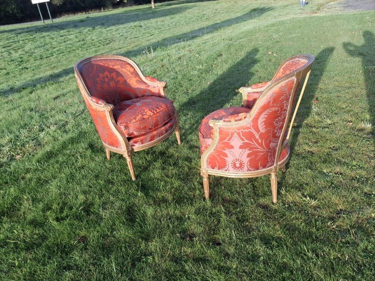 Pair of Louis XVI period giltwood bergère armchairs
