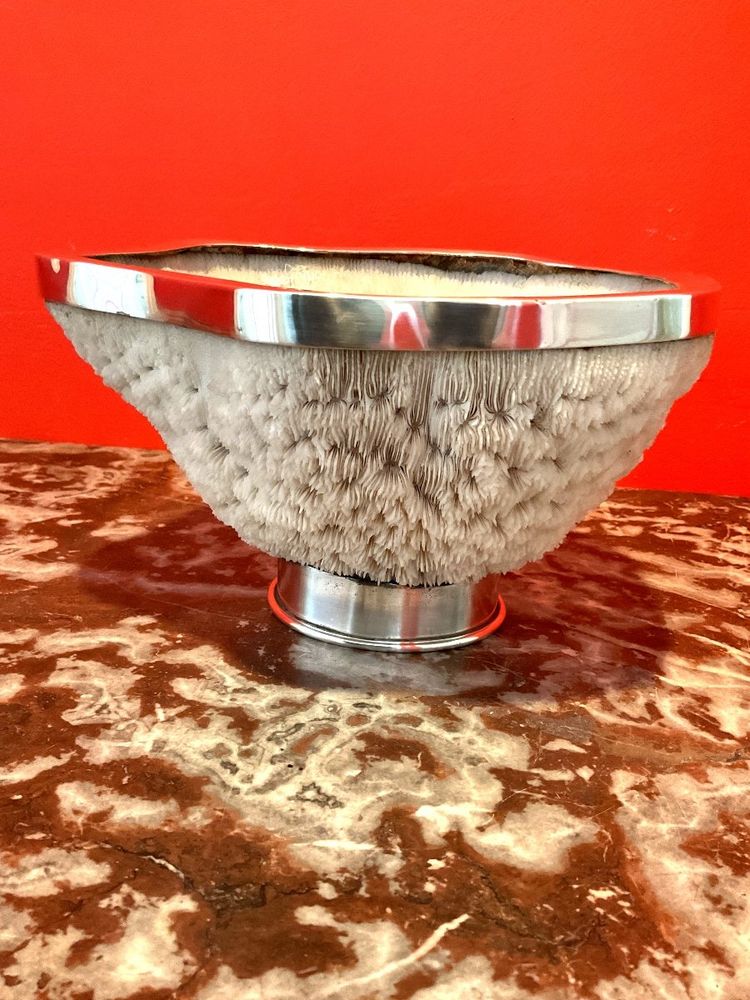 Important Coral Bowl Set with a Silver Metal Border