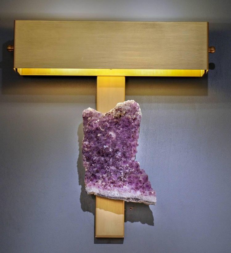 Pair of brass wall sconces with rectangular amethyst shades