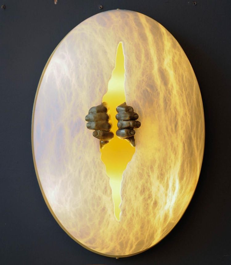 Glustin Luminaires Creation wall lights in alabaster with brass handles