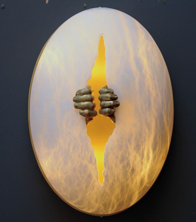 Glustin Luminaires Creation wall lights in alabaster with brass handles