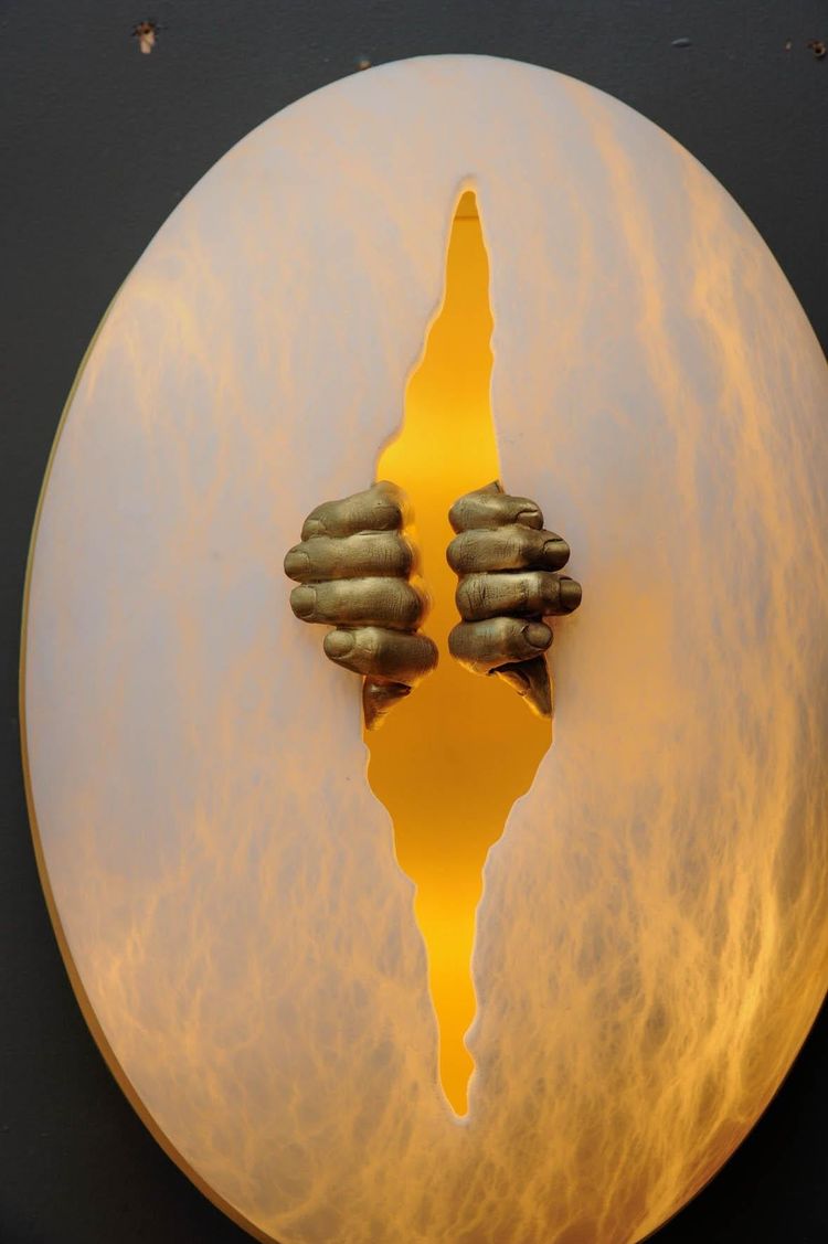 Glustin Luminaires Creation wall lights in alabaster with brass handles