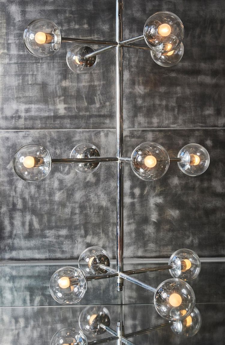 Five-bulb nickel stacking chandelier by Kinkeldey