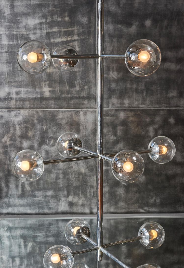 Five-bulb nickel stacking chandelier by Kinkeldey
